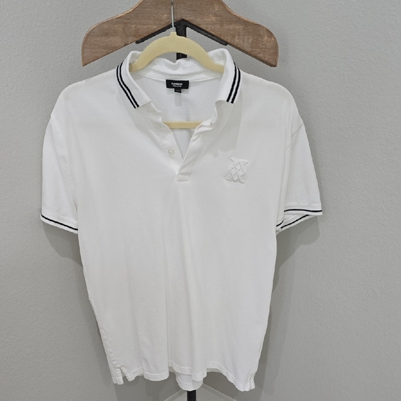 Express Pima Cotton Mens Medium White Polo Shirt with Black Trim - Picture 1 of 6